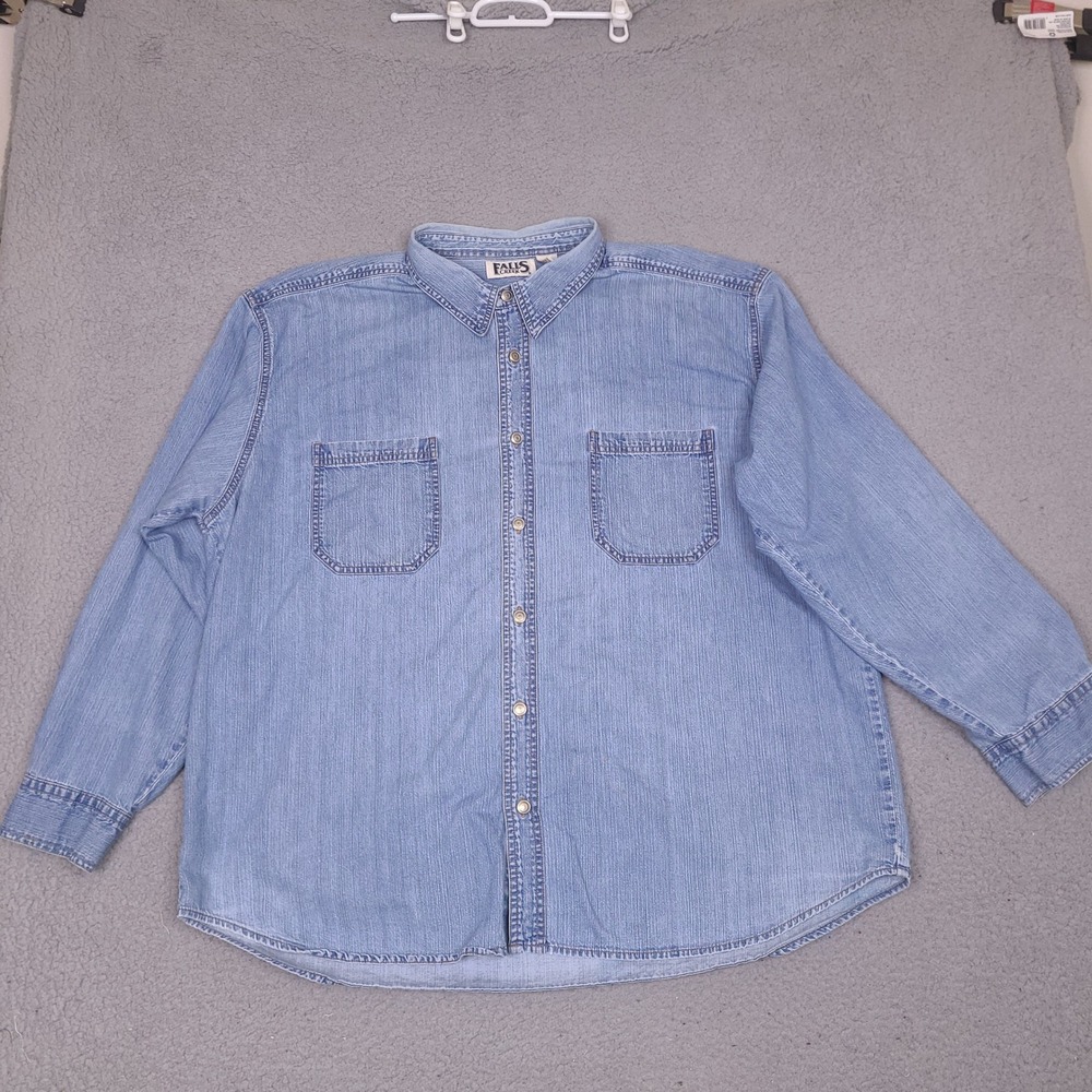 Falls Creek Womens 2X Denim Shirt Light Wash Long Sleeve Cotton Button Up Blue